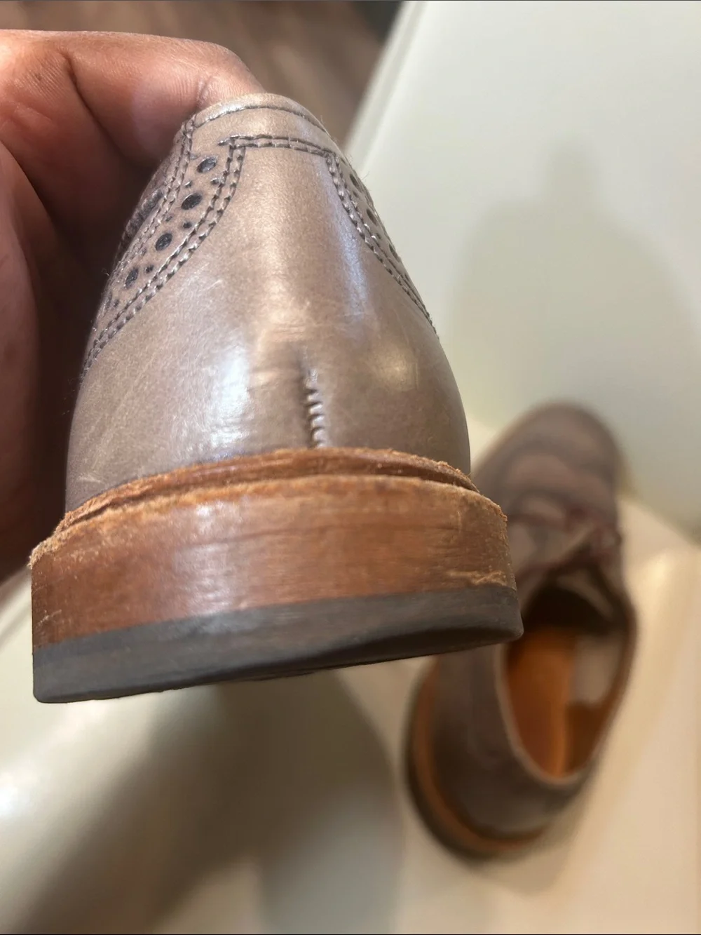 Allen Edmonds Taupe/Brown Brogue Wingtip Derby with Burgundy Laces GC/No Box